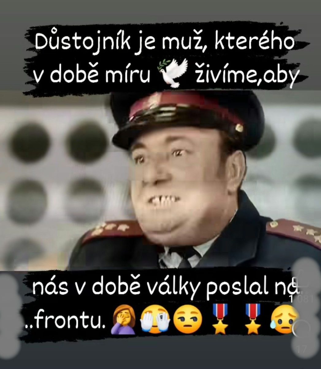 Obrázok dôstojníka s textom o úlohe vojska v období mieru a vojny, doplnený emotikonmi a symbolom holubice.