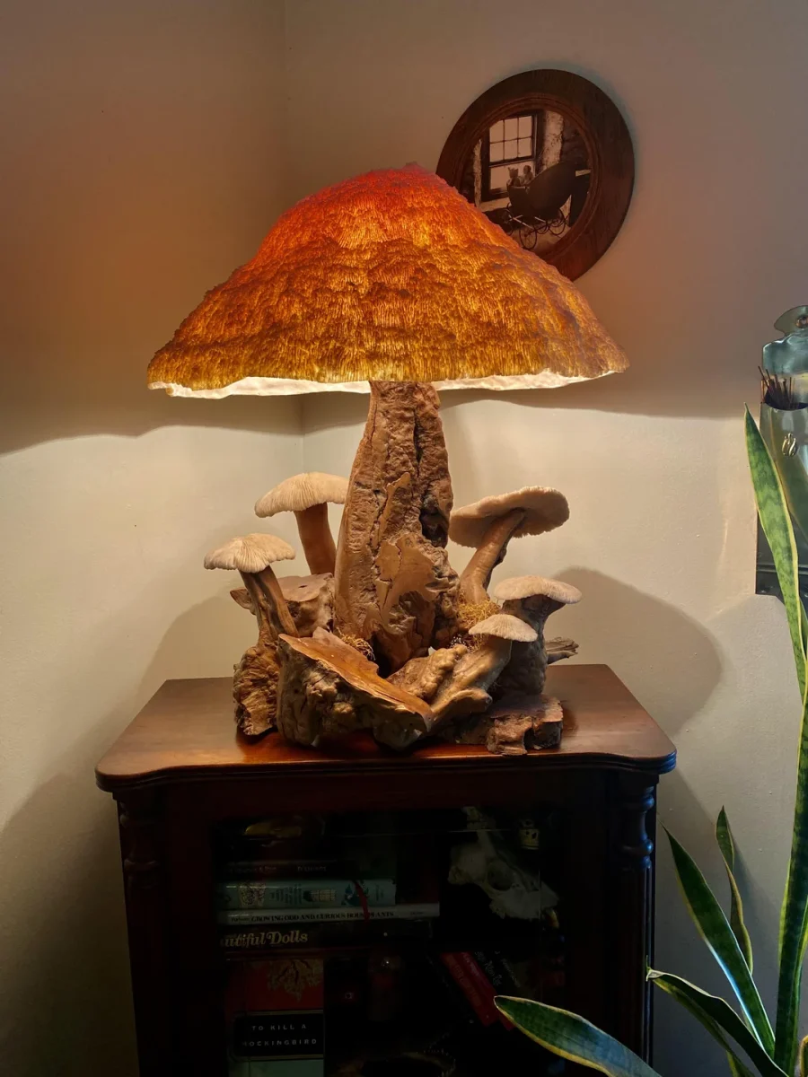 Retro lampa v tvare huby na drevenej skrini, zdroj jemného osvetlenia miestnosti a rustikálneho interiérového dizajnu.