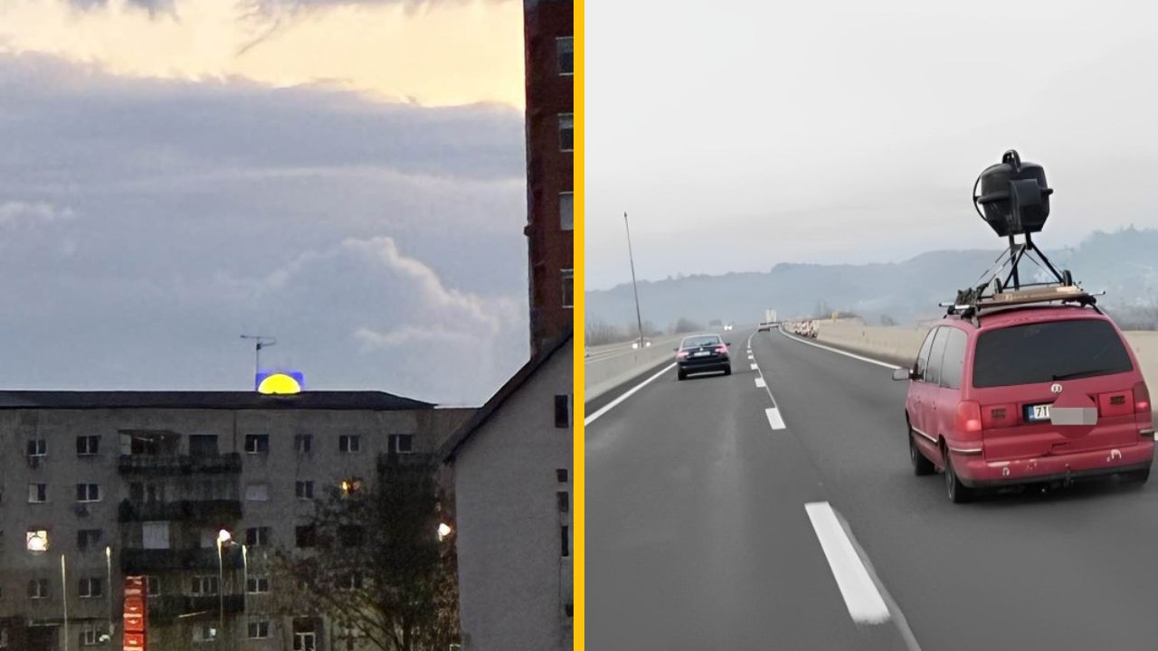 Nad domom svieti logo, auto s kamerou na streche jazdí po diaľnici za jasného dňa.