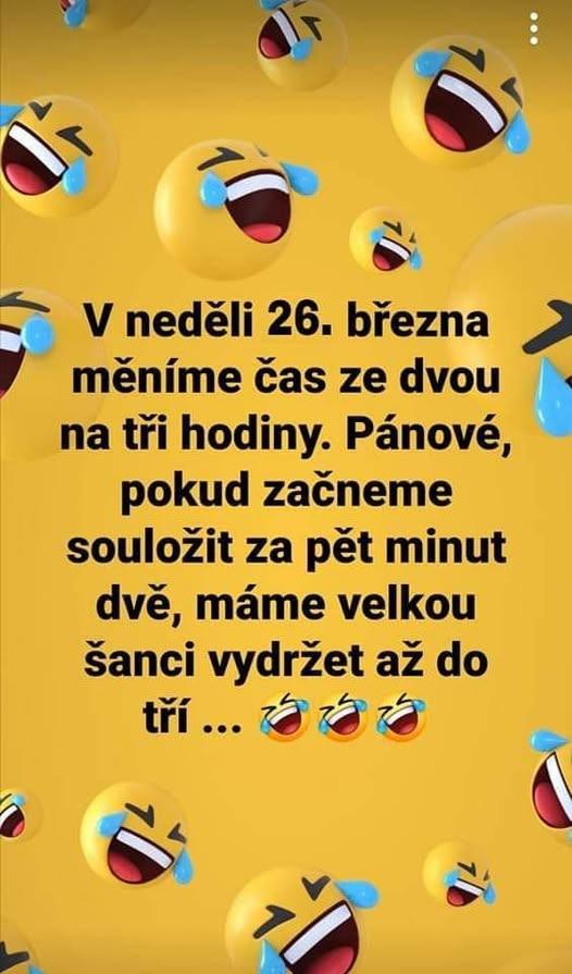 Smiešne smajlíky a vtip o zmene času na letný s humornou poznámkou pre mužov.