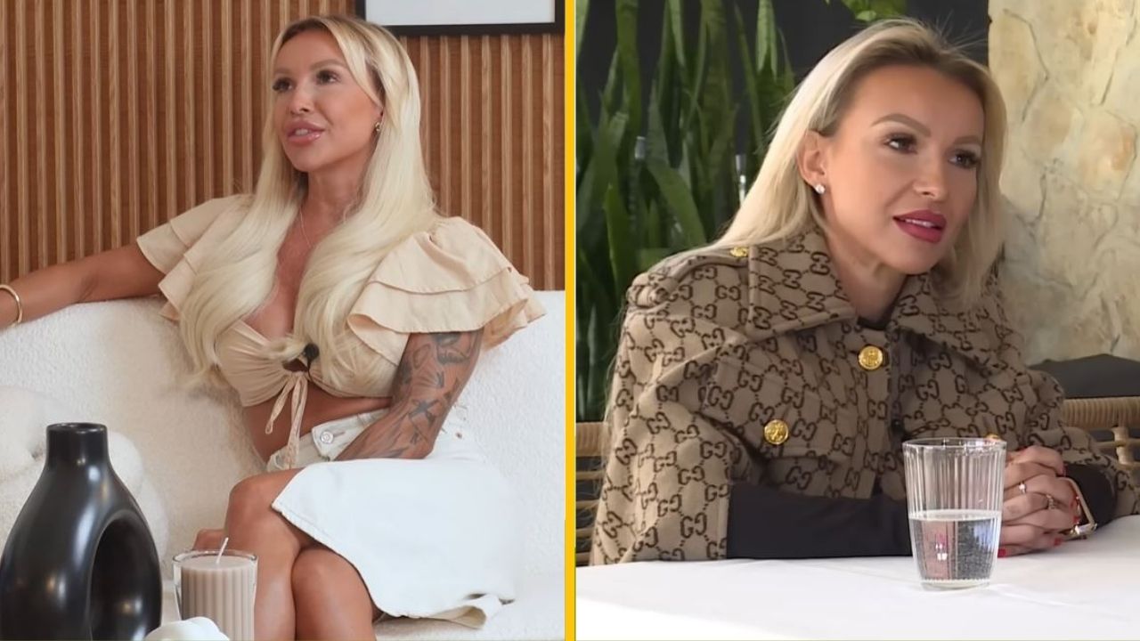 Dve ženy v interiéri počas rozhovoru, každá s nápojom na stole, v rôznych štýlových outfitoch.