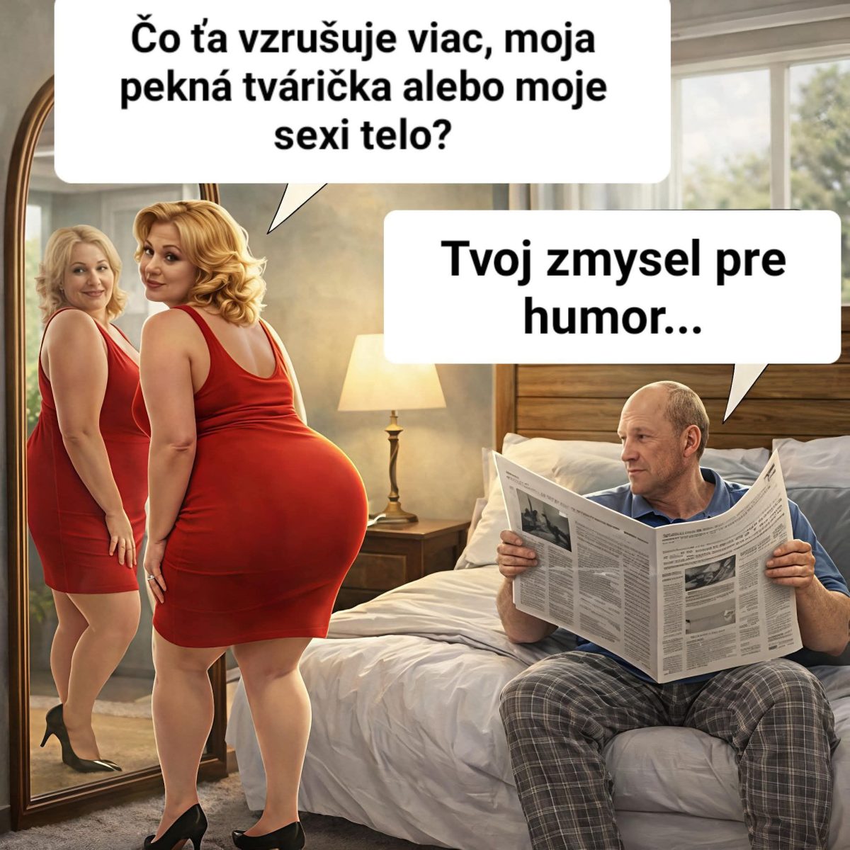 Žena v červených šatách s otázkou a muž s novinami vtipne odpovedá na jej vzhľad.