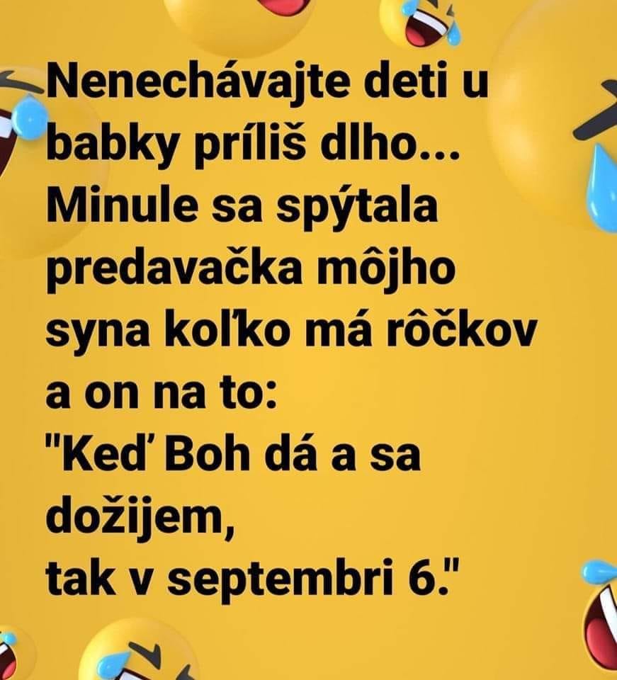 Obrázok s vtipnou anekdotou o rozhovore dieťaťa a predavačky, žlté pozadie s emotikonmi.