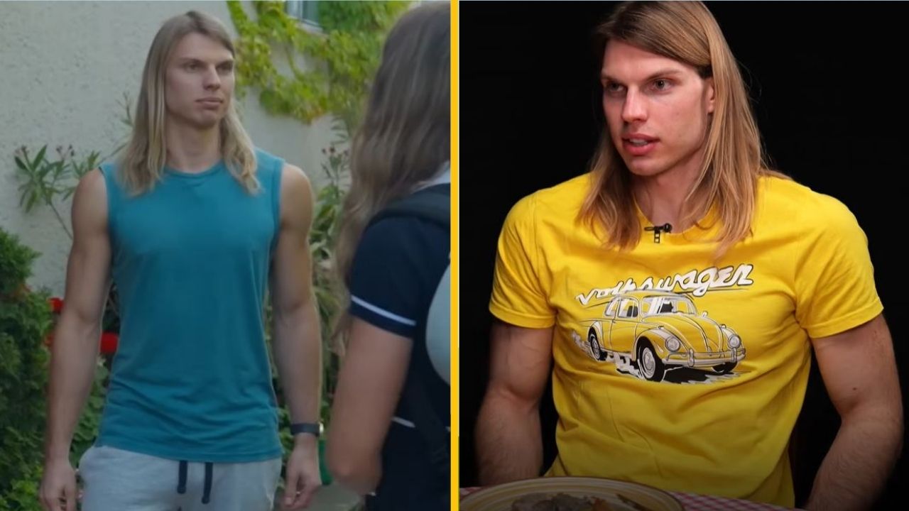 Dlhé blond vlasy, modré a žlté tričko, postava vonku a pri stole.