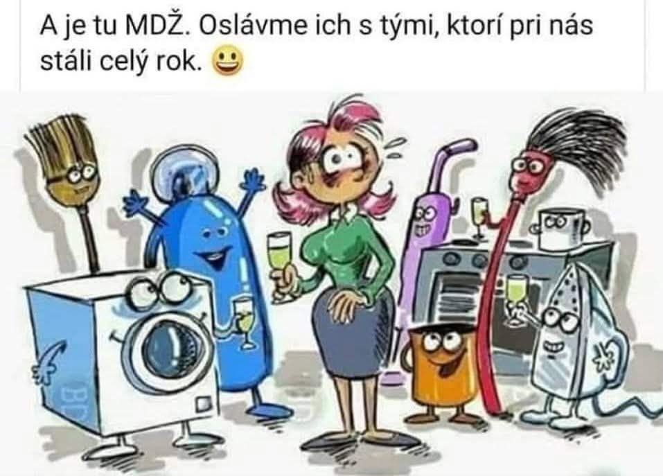 Karikatúra domácich spotrebičov oslavujúcich MDŽ s prekvapenou ženou, pozdvihujú čaše na jej počesť.