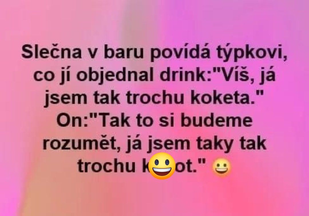 Vtipný text na ružovom pozadí so smajlíkmi, rozprávajúci príbeh o zoznámení v bare.