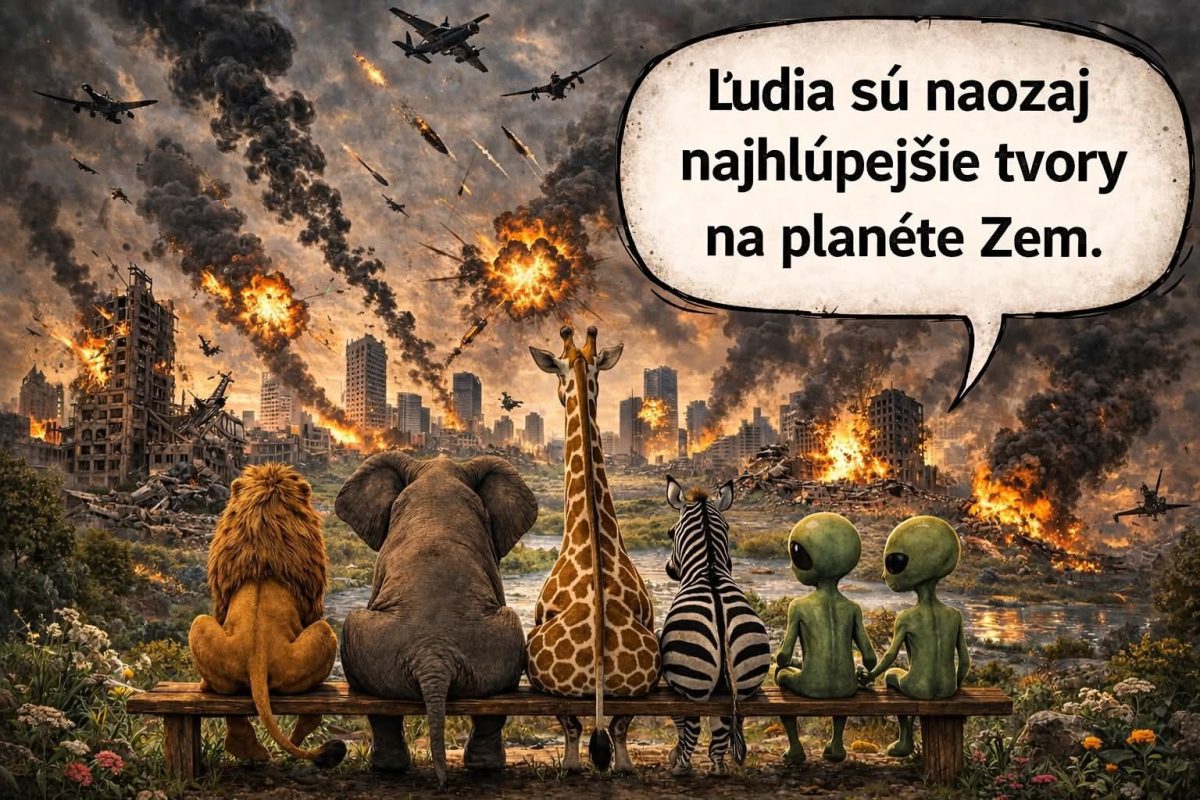 Zvieratá a mimozemšťania sledujú apokalyptickú scénu s komentárom o ľudskej hlúposti.