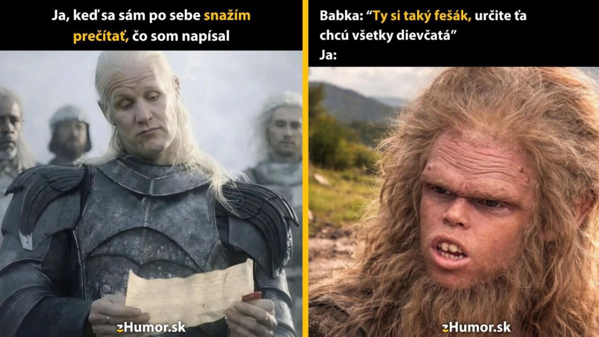 Fantasy postava v brnení číta list a vlkodlak na vidieku. Vtipy zamerané na čitateľnosť textov a komplimenty od babky.