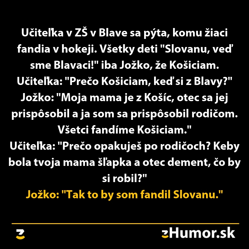 Učiteľka a Jožko debatujú o hokeji a rozhodnutiach, koho podporovať podľa rodičov.