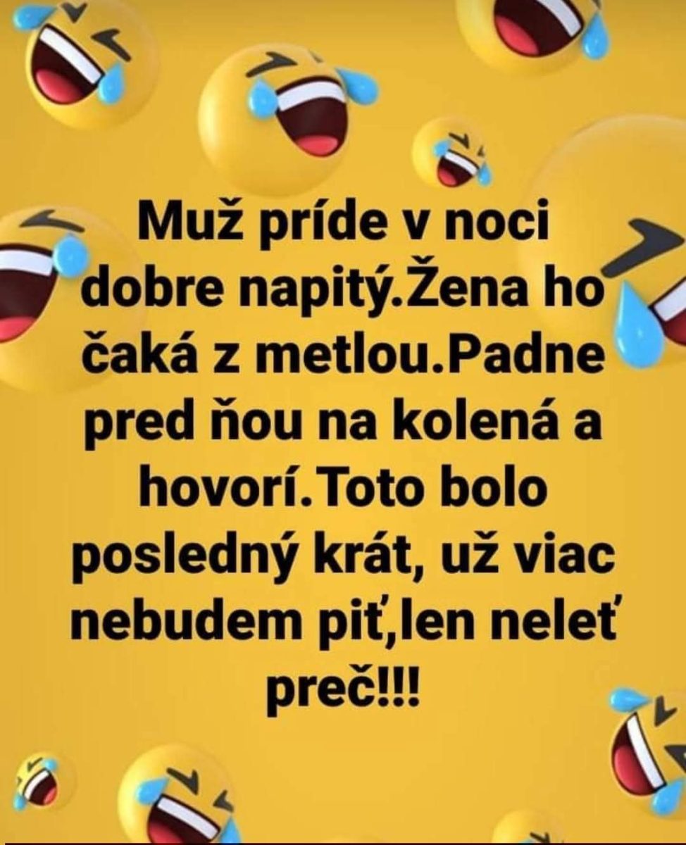 Vtip o opitom mužovi, ktorého doma čaká žena s metlou, aby prestal piť. Veselé emoji tváre na žltom pozadí.