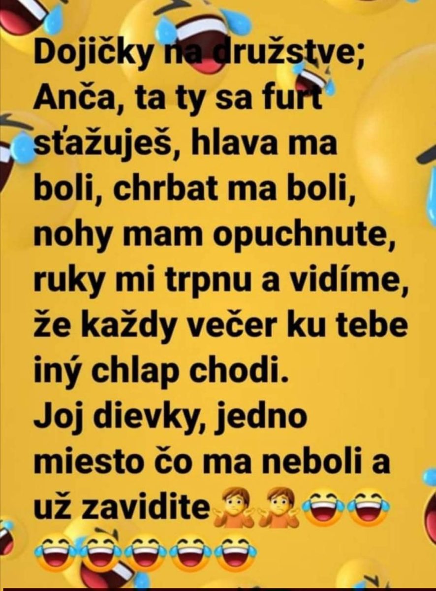 Vtip o dojičkách a ich rozhovore plný smiechu, emoji a veselej nálady na žltom pozadí.