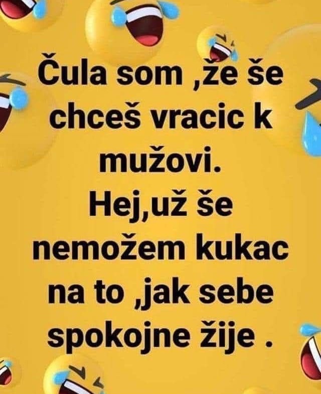 Srandovný text na žltom pozadí s plačúcimi emotikonmi hovorí o návrate k mužovi.