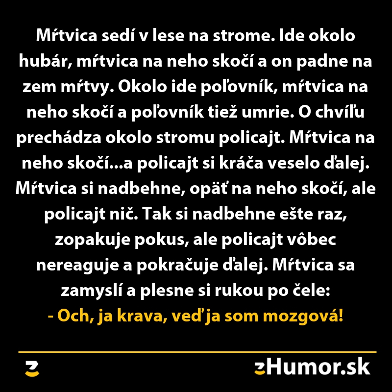 Humoristický text o mŕtvici na strome, ktorá spôsobuje zmätok medzi hubárom, poľovníkom a policajtom.