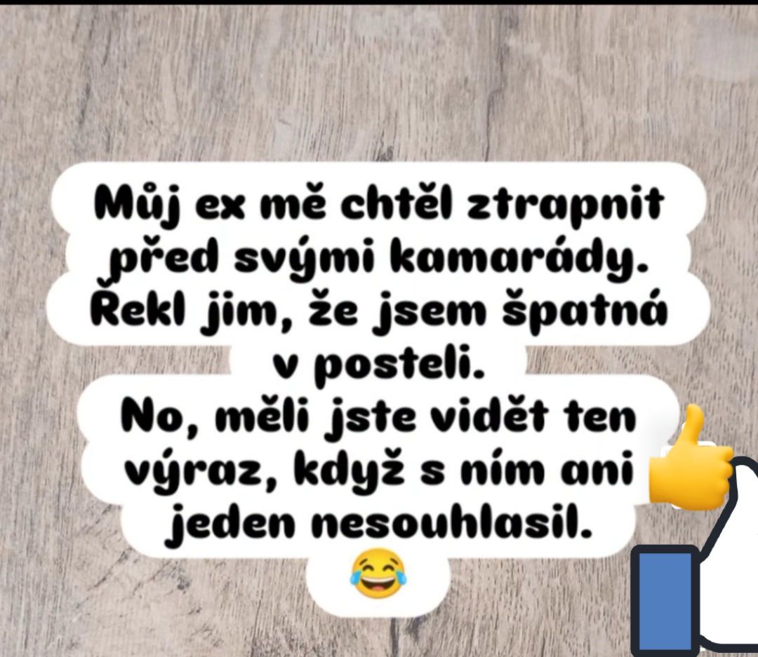 Vtipný citát o tom, ako sa expartner pokúsil niekoho zosmiešniť, no jeho priatelia nesúhlasili. Smiech a palec hore.