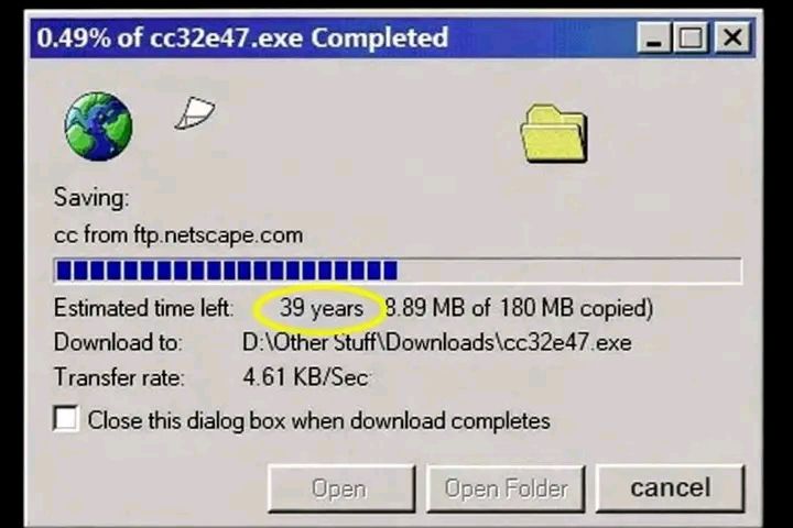 Stiahnutie súboru s odhadovaným časom 39 rokov pri rýchlosti 4,61 KB/s na starom systéme Windows.
