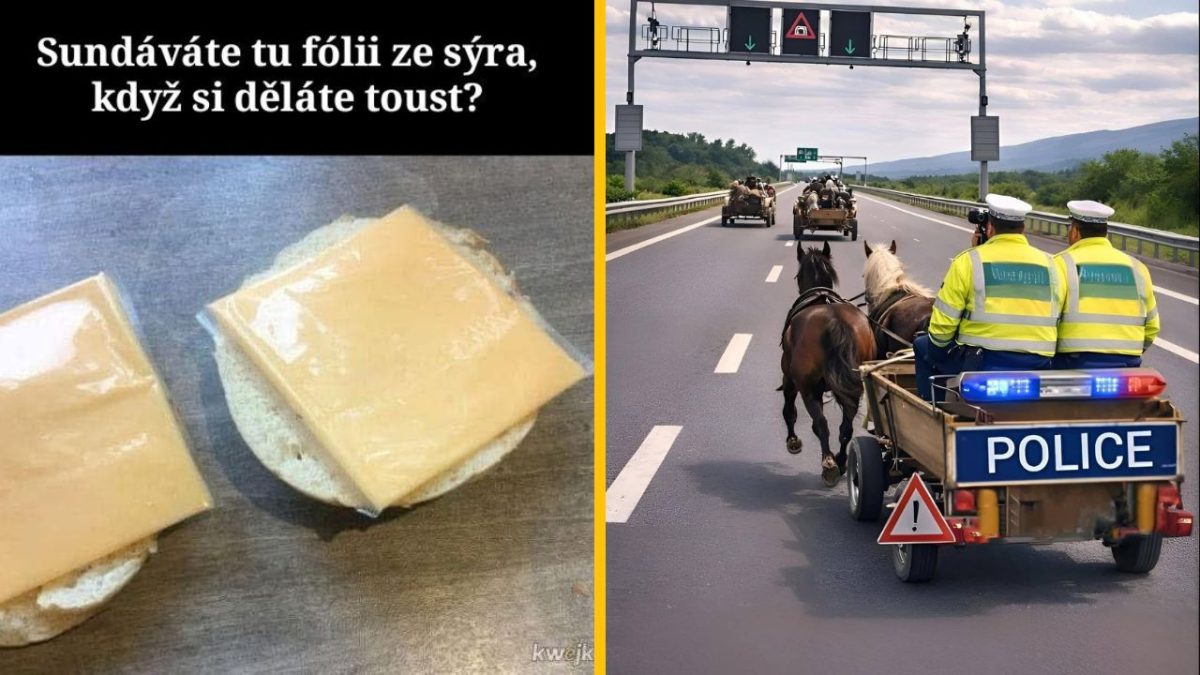Policajti na koňoch sledujú vozy na ceste; syr v plastovej fólii pripravený na toast.