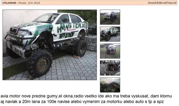 Off-road auto s veľkými kolesami a grafitmi na kapote, ponuka inzerátu na Bazoš.sk.
