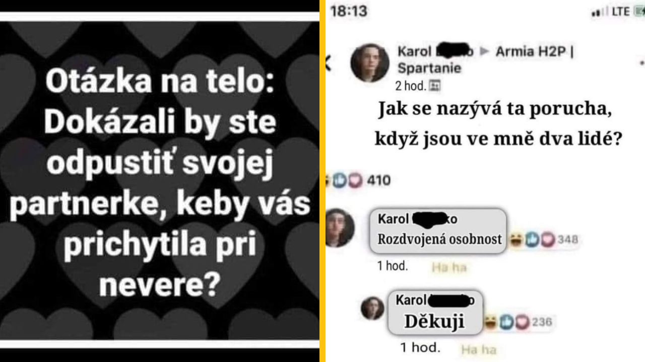 Text na meme o nevere a rozdelenej osobnosti s humoristickým podtónom.