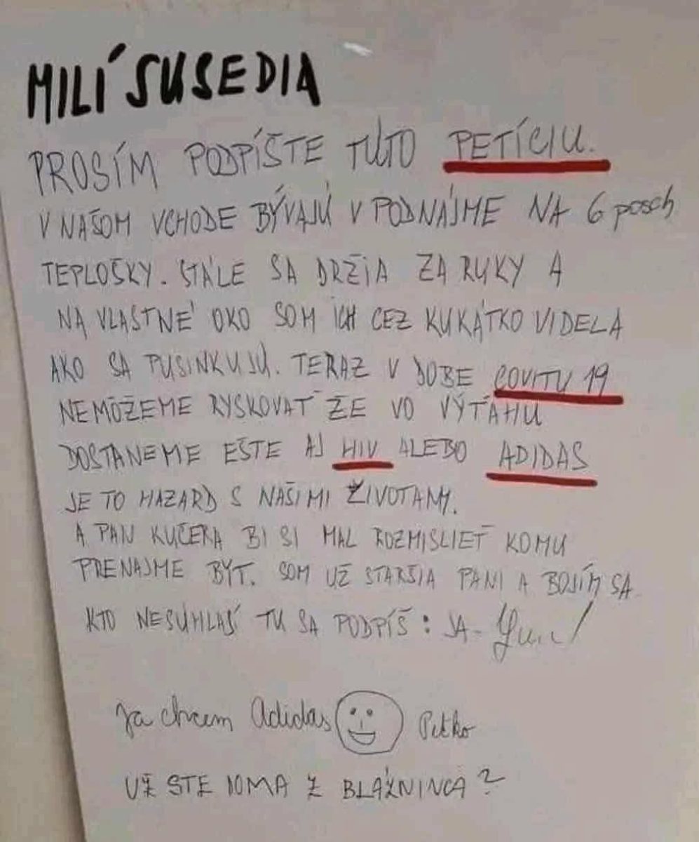 Ručne písaný list so žiadosťou o podpis petície, reagujúcej na susedské obavy počas pandémie.