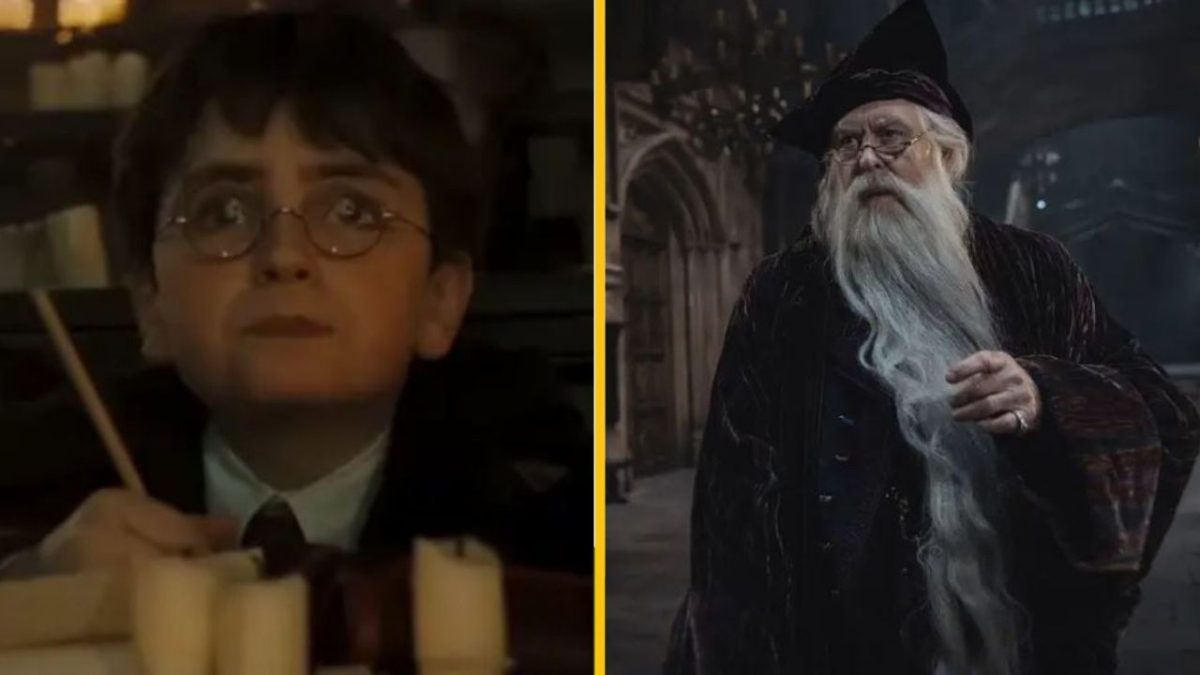 Na obrázku sú mladý chlapec s okuliarmi a starší muž s bradou v čarodejníckom oblečení v tmavej miestnosti.