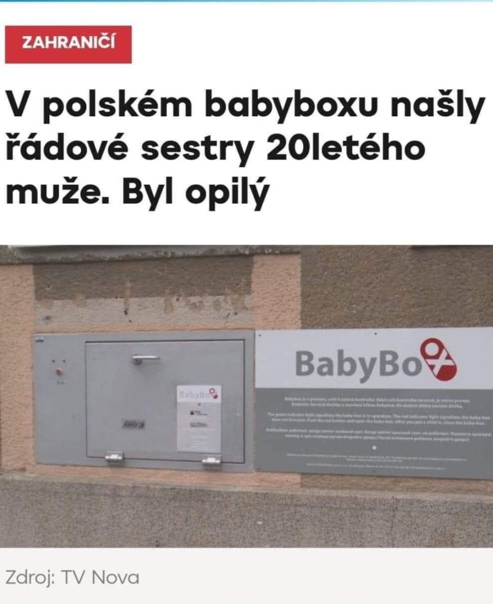 Nápis V poľskom babyboxe našli 20-ročného muža. Bol opitý. vedľa fotografie babyboxu. Zdroj: TV Nova.