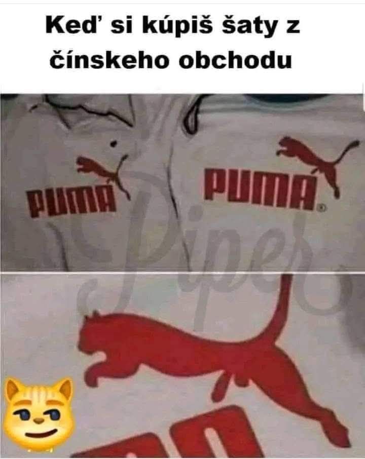 Tričká s nápisom PUMA a obrázkom mačky pripomínajúcej značku, doplnené vtipnou poznámkou o nákupoch online.