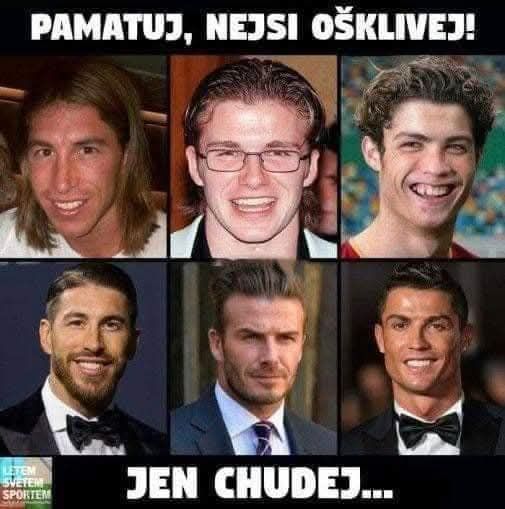 Šesť portrétov mužov s transformačnými zmenami vzhľadu, doplnené textom Pamatuj, nejsi ošklivej! Jen chudej...