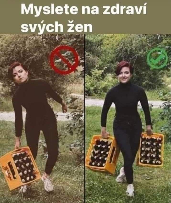 Žena nesprávne a správne nesie prepravky piva; opatrnosť pri nosení bremien. Myslite na zdravie svojich žien.