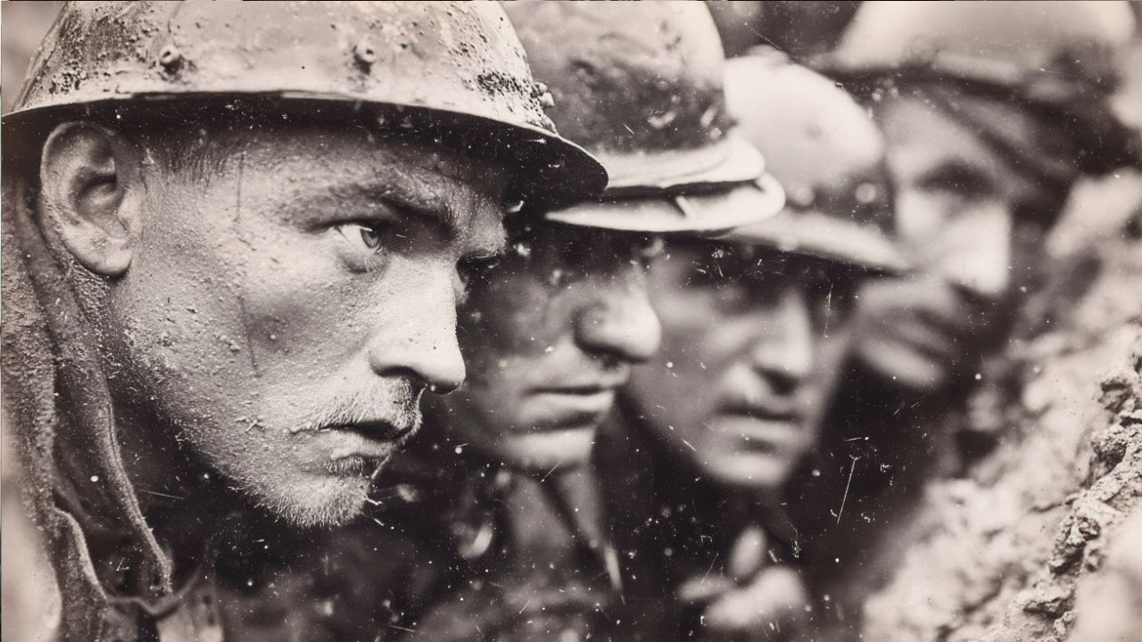 Vojaci v zákopoch počas dažďa, sústredení a pripravení na boj. Historická fotografia z prvej svetovej vojny.