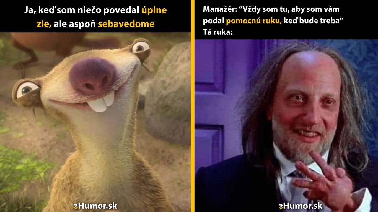 Humorné porovnanie sebavedomého zlyhania a manažérovho prísľubu s obrázkom zvieraťa a muža s divokým úsmevom.