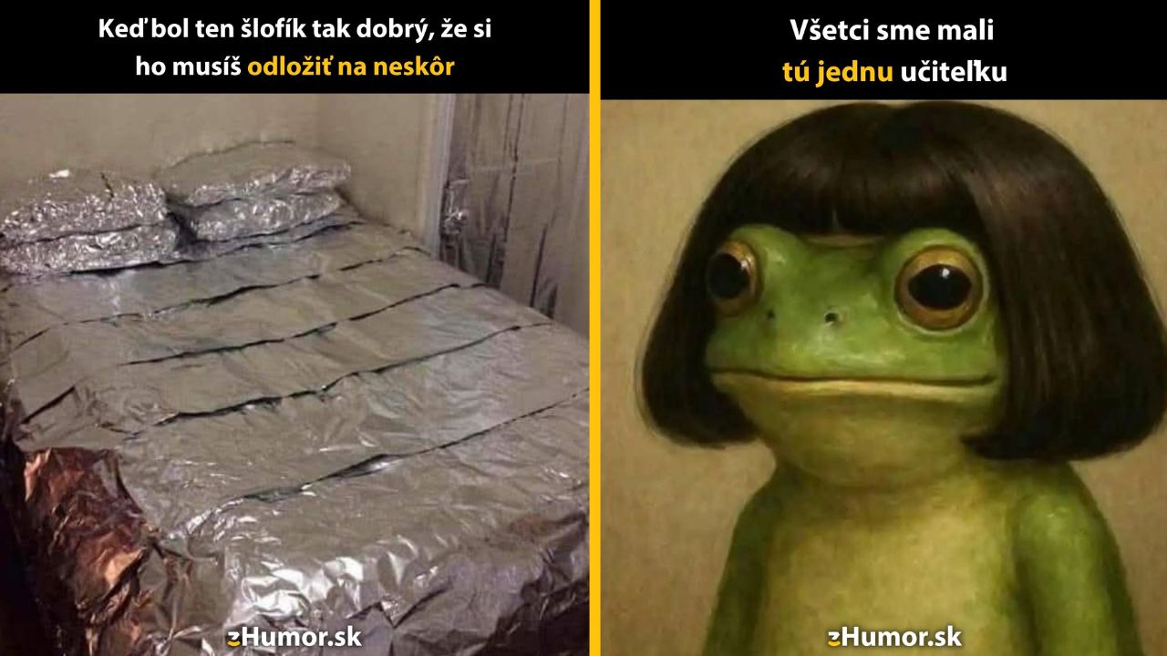 Posteľ zabalená v alobale a žaba s účesom, vtipná situácia s popiskami.