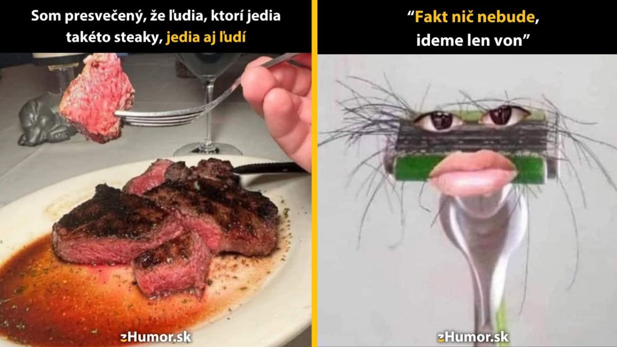 Steak na tanieri a zábavný karikatúrny objekt s očami a ústami vtipne kontrastujú.