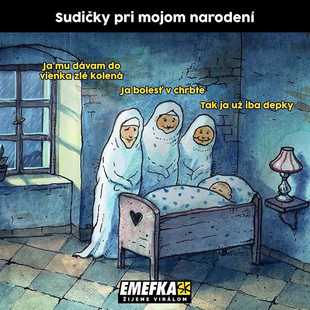 Zábavný obrázok sudíčok predpovedajúcich novorodenému problémy s kolenami, chrbtom a depresiami.