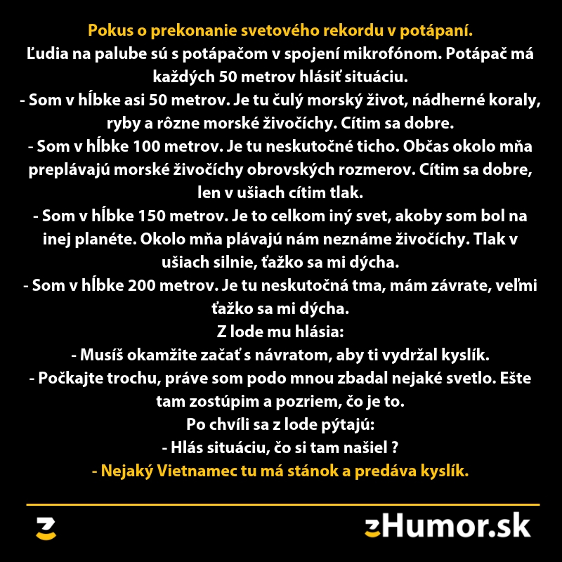 Humoristický text o pokuse prekonať svetový rekord v potápaní s nečakanou pointou.