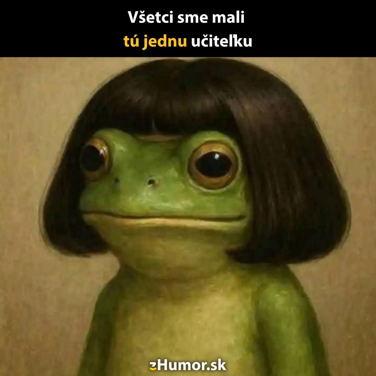 Žaba s účesom v štýle učiteľky, vtipný obrázok s textom o učiteľských spomienkach.