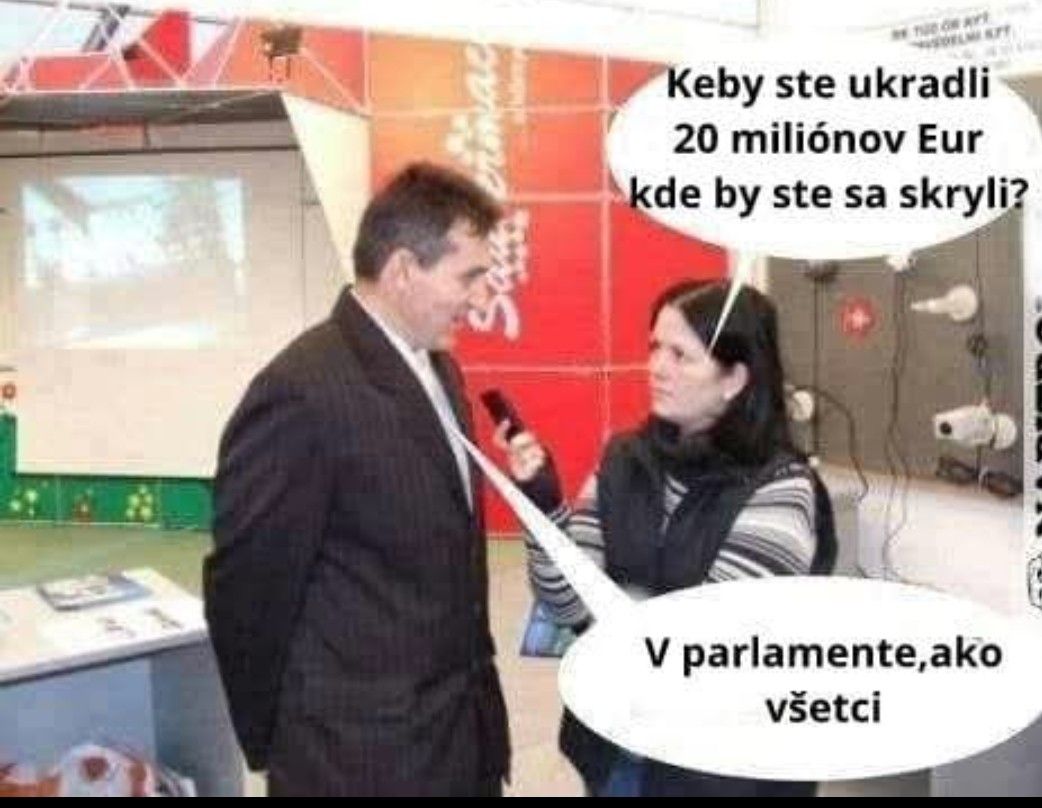 Rozhovor na výstave, humoristický text o úkryte v parlamente po krádeži 20 miliónov eur.