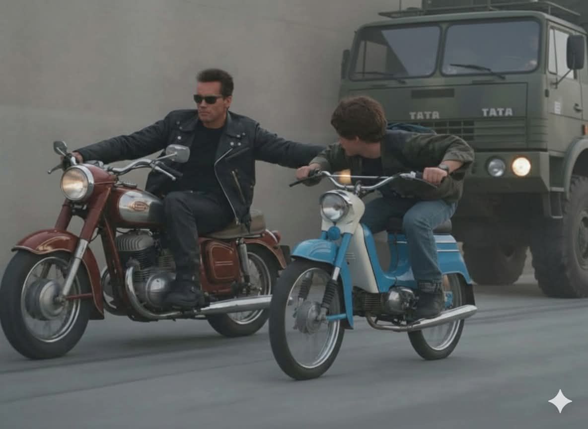 Muži na motorkách na ceste s nákladným autom v pozadí. Retro scéna z akčného filmu.
