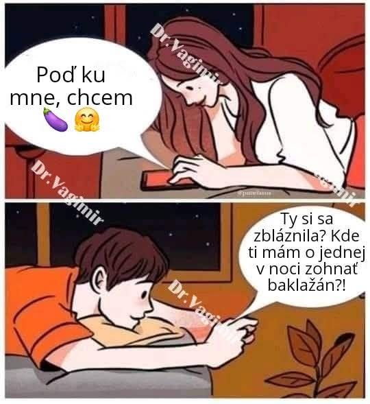 Žena písomkou naznačuje pozvanie, muž reaguje na zmätok okolo nočnej požiadavky na baklažán.