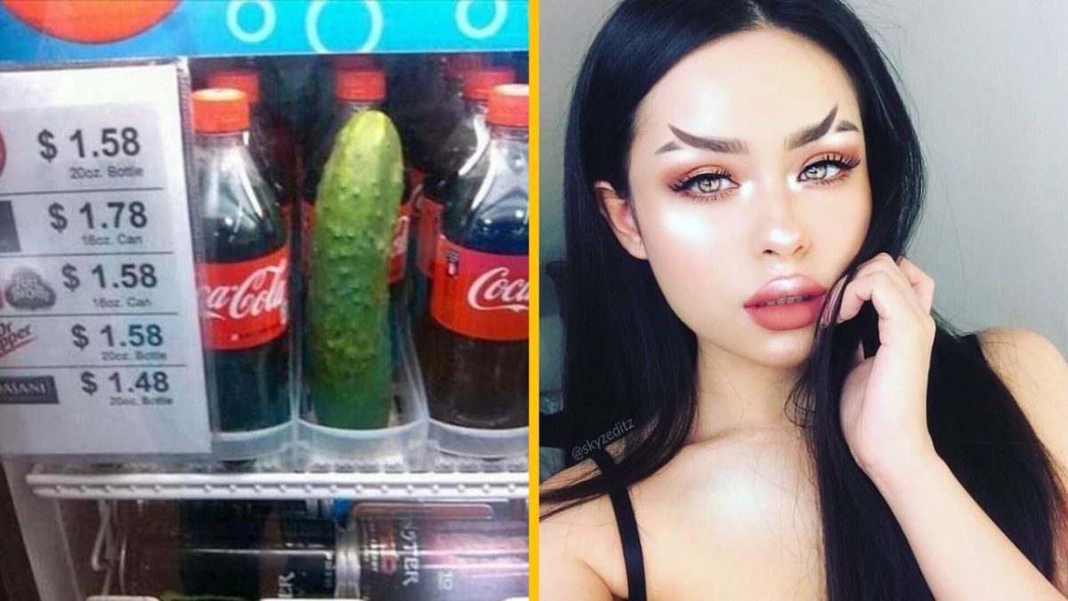 Automat na nápoje s prekvapivou uhorkou vedľa fliaš Coca-Coly; portrét ženy s výrazným makeupom a oblúkovými obočím.