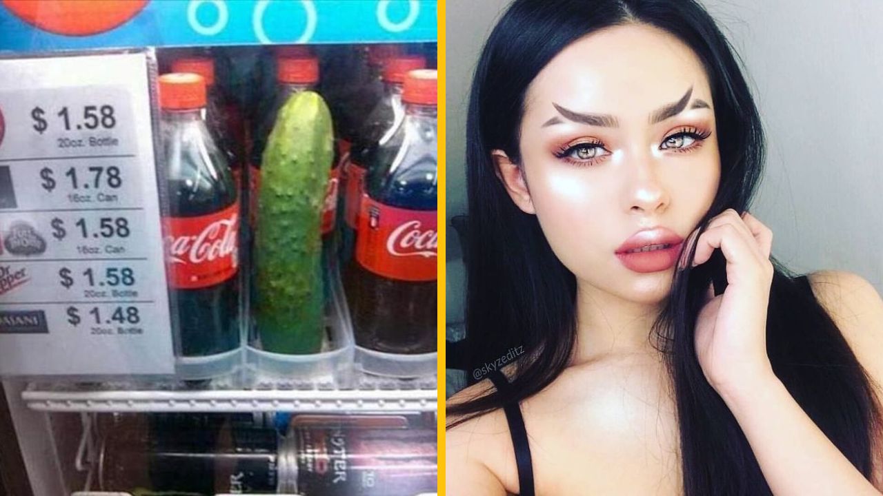 Automat na nápoje s prekvapivou uhorkou vedľa fliaš Coca-Coly; portrét ženy s výrazným makeupom a oblúkovými obočím.