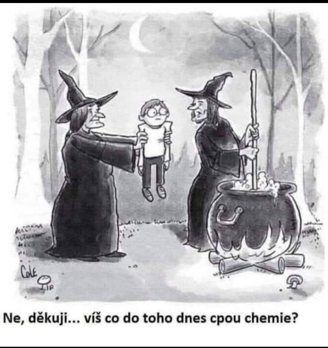 Čarodejnice s kotlíkom držia malého chlapca, vtip s odkazom na moderné chemikálie v jedle.