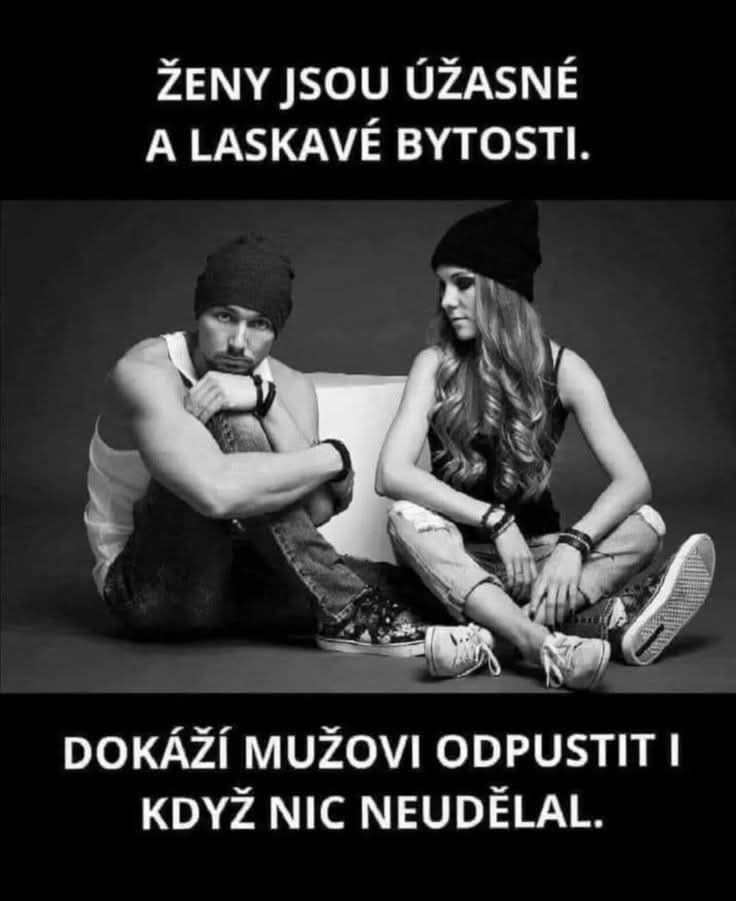 Dvojica sediaca vedľa seba, text: Ženy sú úžasné a láskavé bytosti, dokážu odpustiť mužovi, aj keď nič neurobil.