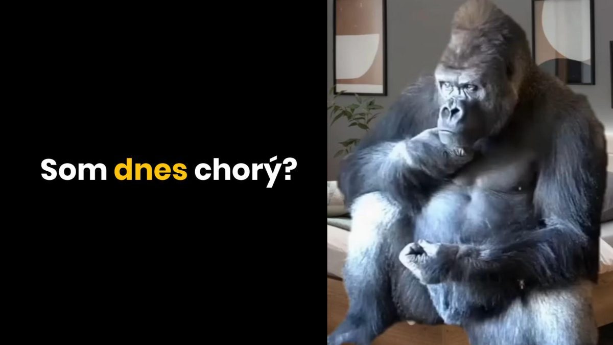 Gorila premýšľa vo vnútri miestnosti s textom Som dnes chorý? na čiernom pozadí.