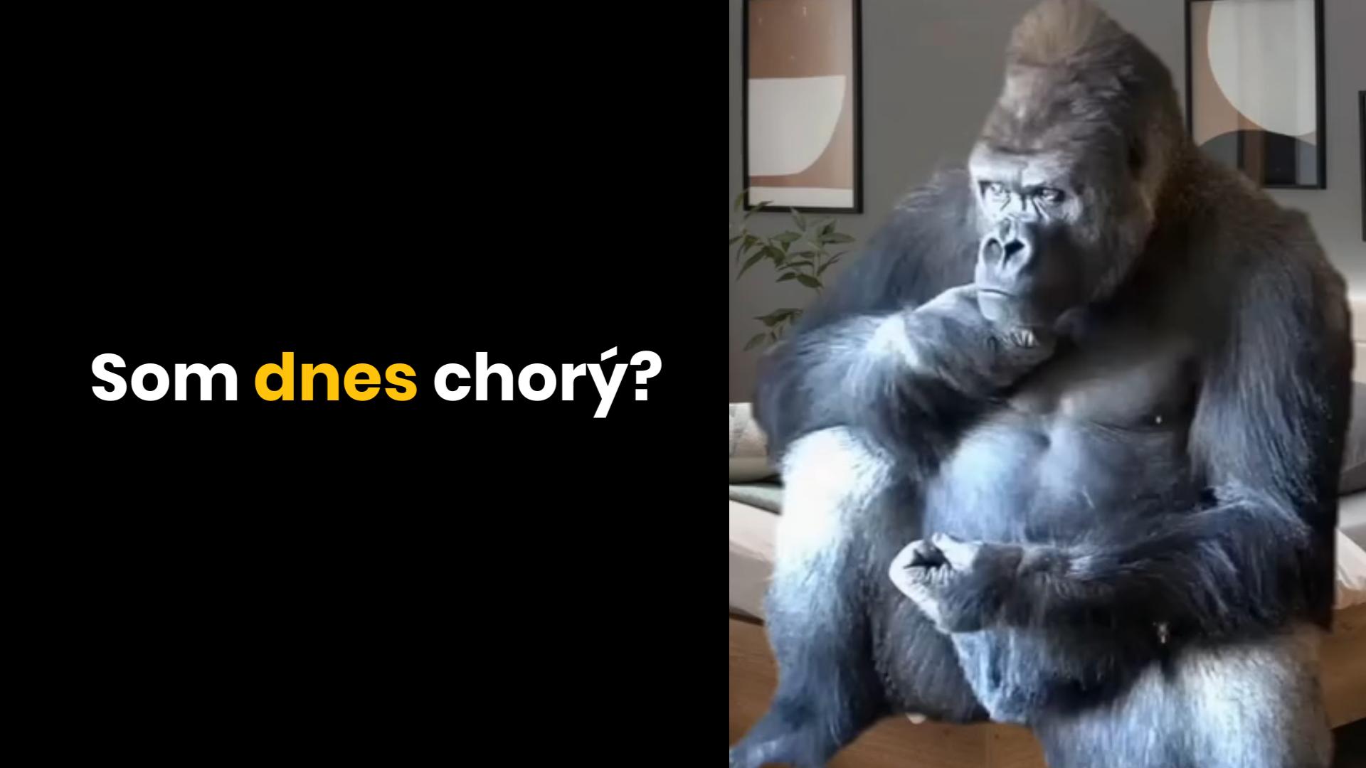 Gorila premýšľa vo vnútri miestnosti s textom Som dnes chorý? na čiernom pozadí.