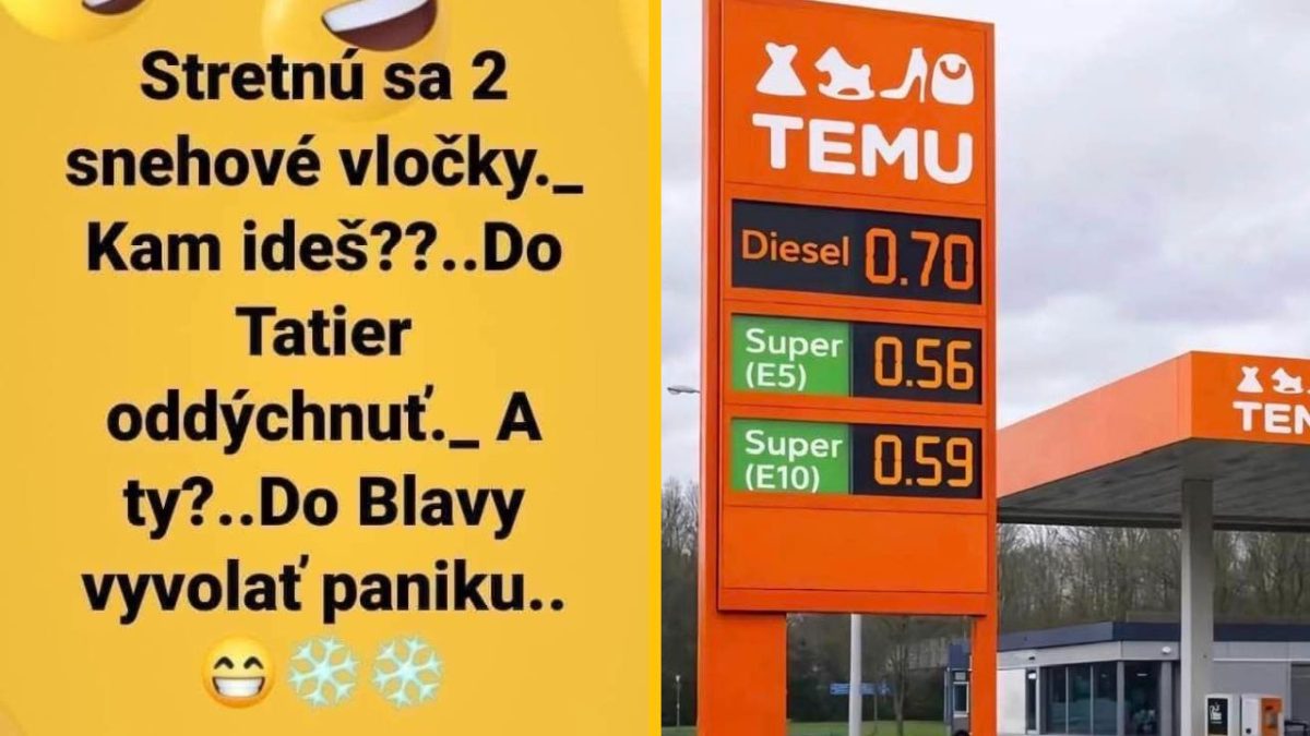 Snehová vtipná správa a cenník pohonných látok na čerpacej stanici Temu, diesel a dva druhy benzínu.