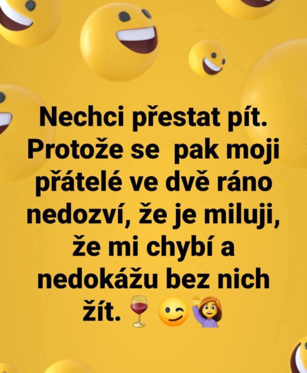 Žlté pozadie s veselými emotikonmi a textom o vyjadrovaní pocitov po pití alkoholu.