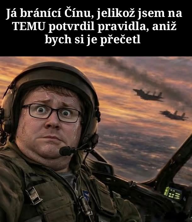 Pilot v kokpite s prekvapeným výrazom, stíhačky na oblohe pri západe slnka, text na obrázku v češtine.