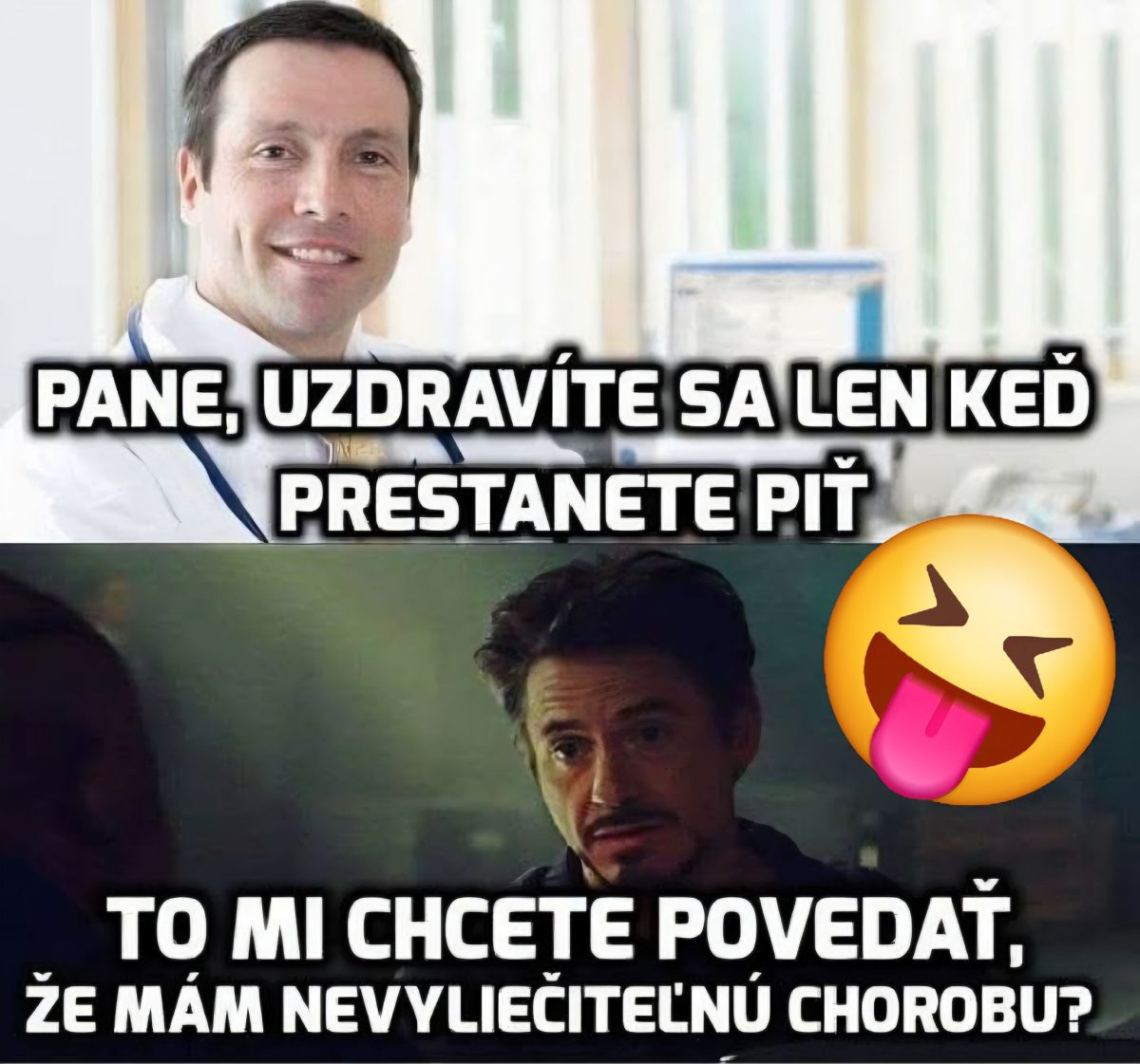 Doktor radí pacientovi prestať piť, ktorý vtipne reaguje, že má nevyliečiteľnú chorobu, s humorným emoji.