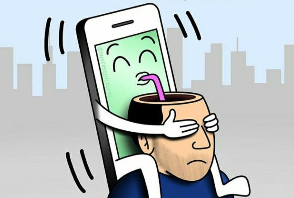 Ilustrácia: Mobilný telefón pije z hlavy človeka pomocou slamky, zatiaľ čo mu zakrýva oči.