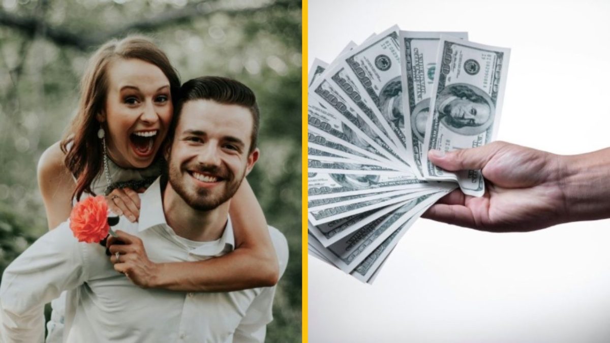 Pár s kvetinou a vedľa ruka s dolármi, symbol lásky a financií.